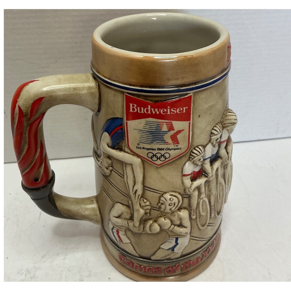 Budweiser Vintage 1984 Olympics Beer Stein Ceramarte Torch Handle L.A.‎ Games